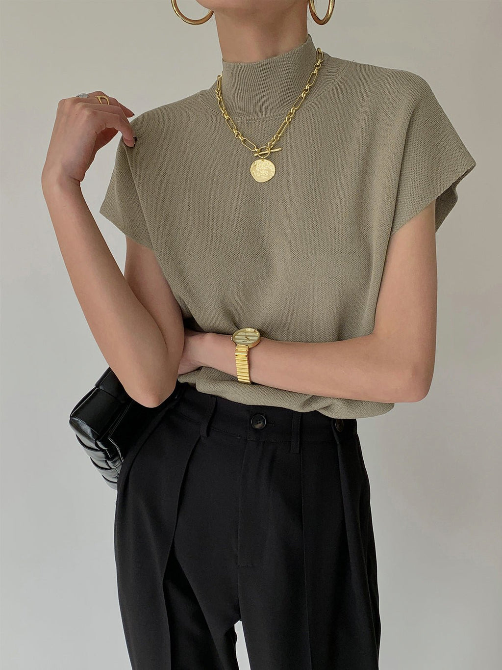 Cargo Style Mock Neck Sleeveless Top Padded Shoulder - Khaki