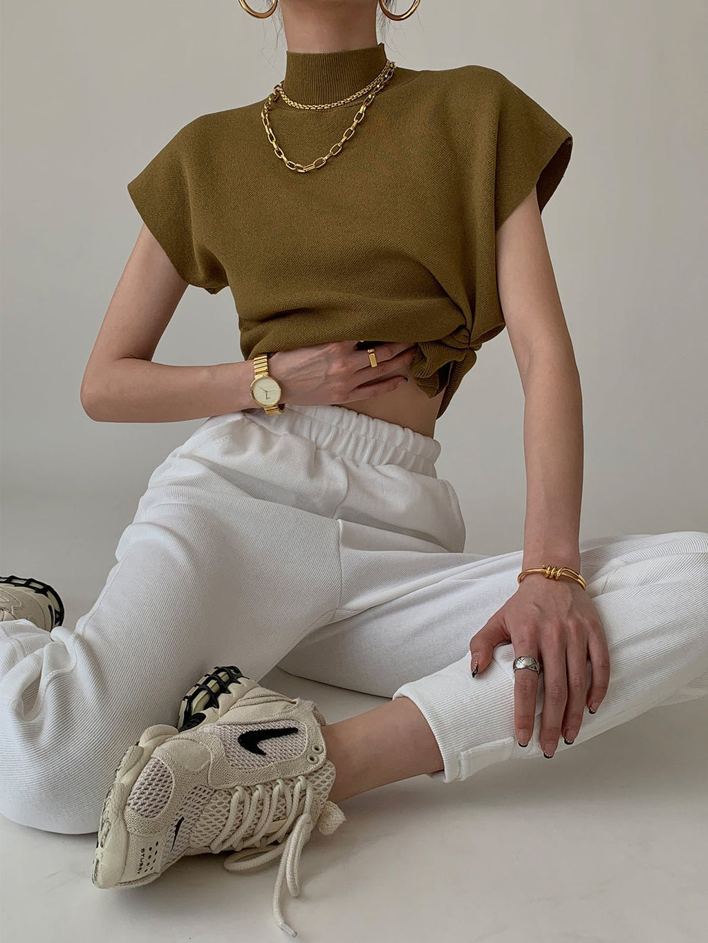 Cargo Style Mock Neck Sleeveless Top Padded Shoulder