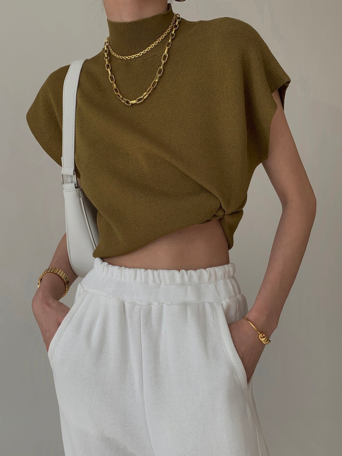 Cargo Style Mock Neck Sleeveless Top Padded Shoulder - Light Brown
