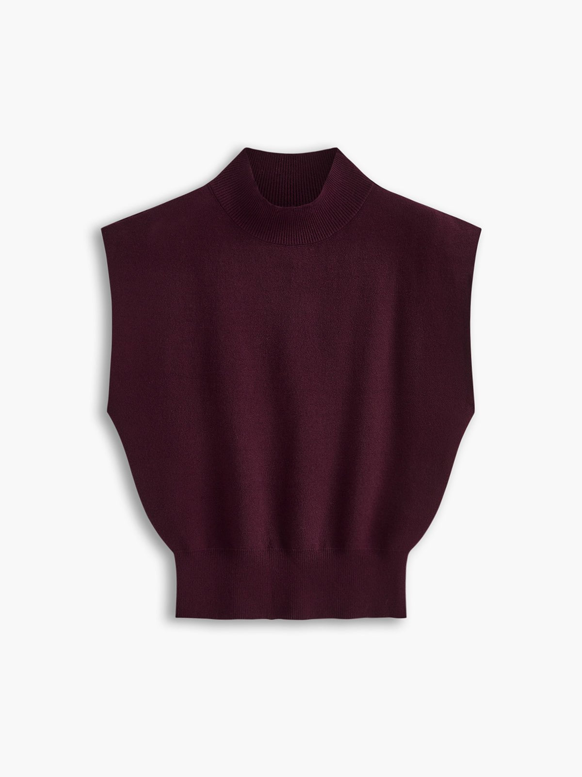 Cargo Style Mock Neck Sleeveless Top Padded Shoulder - Burgundy