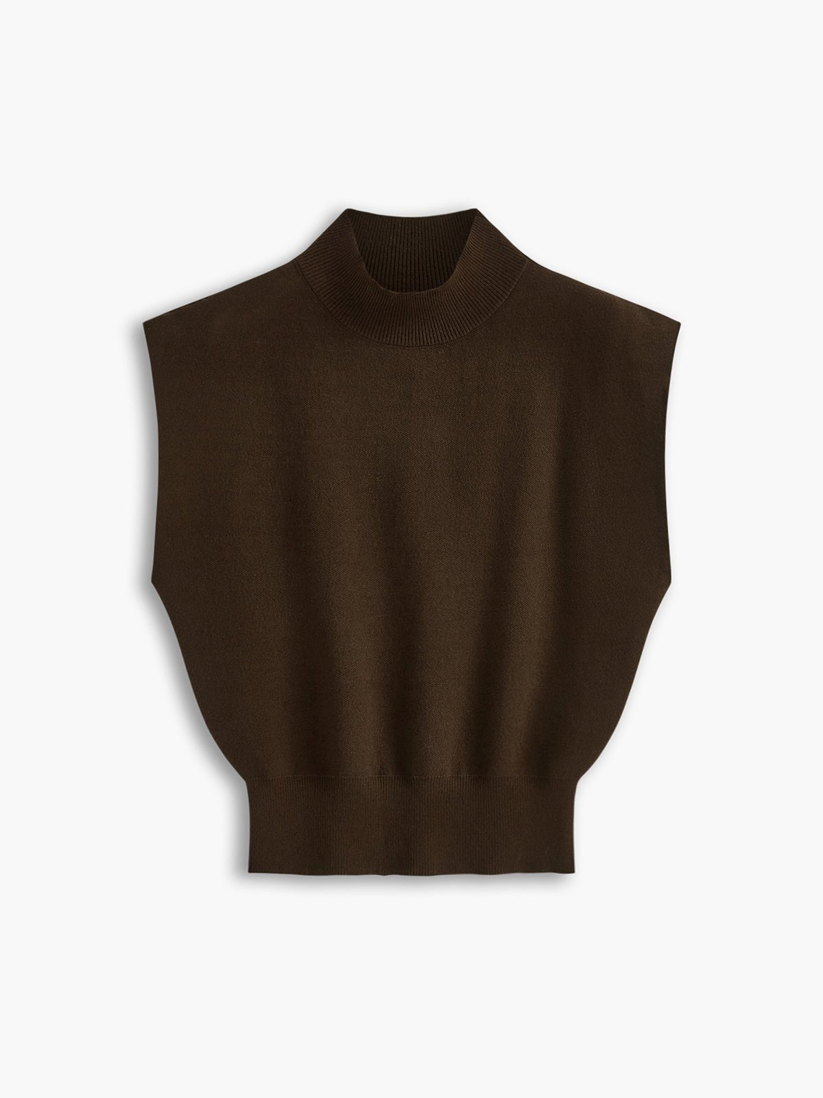 Cargo Style Mock Neck Sleeveless Top Padded Shoulder - Dark Brown