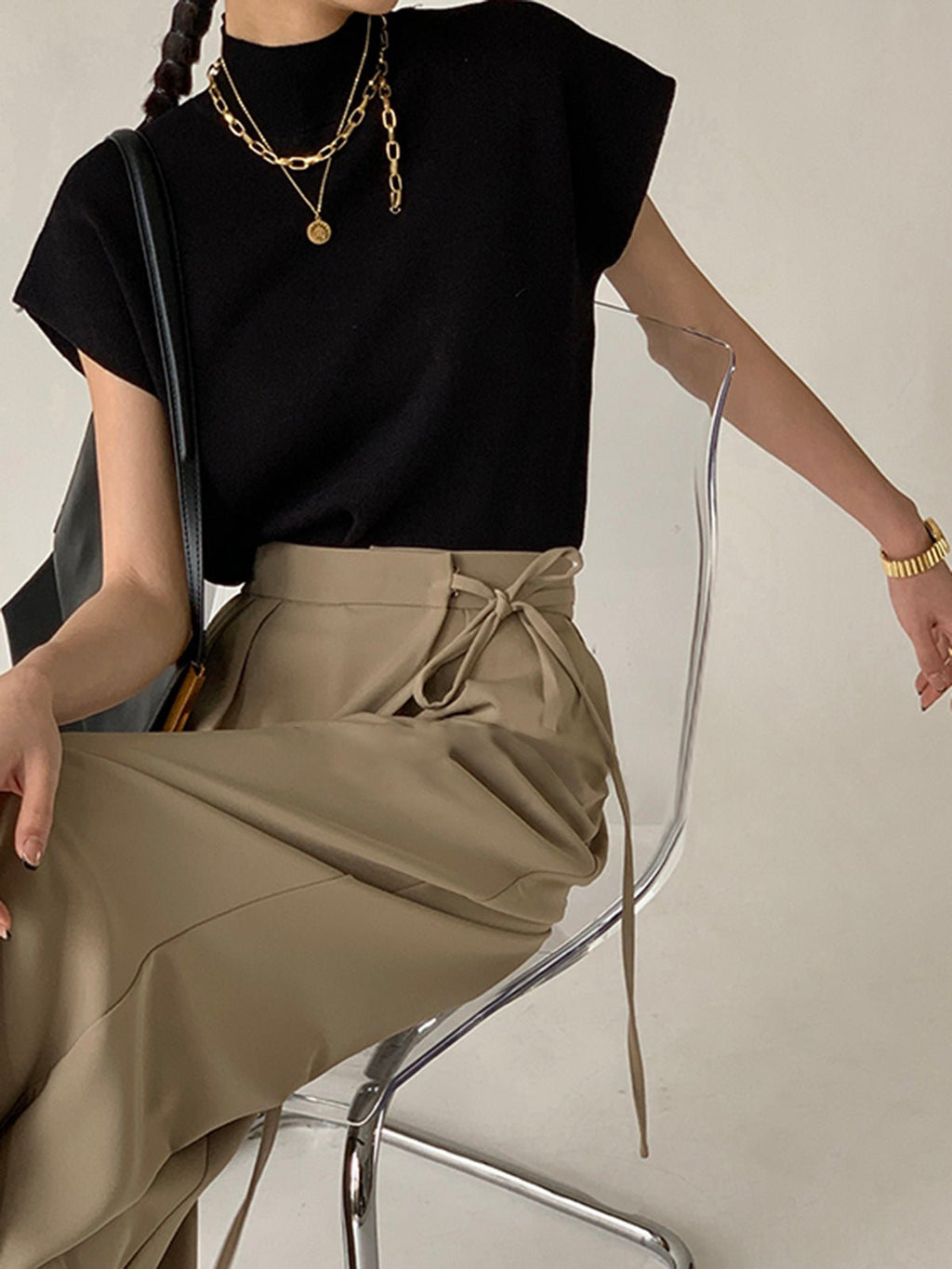 Cargo Style Mock Neck Sleeveless Top Padded Shoulder