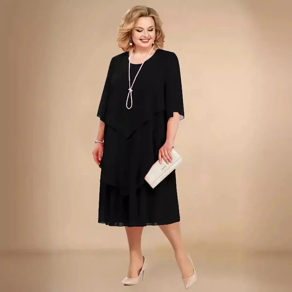 Chiffon Layered Dress Asymmetrical Knee Length Elegant - Black