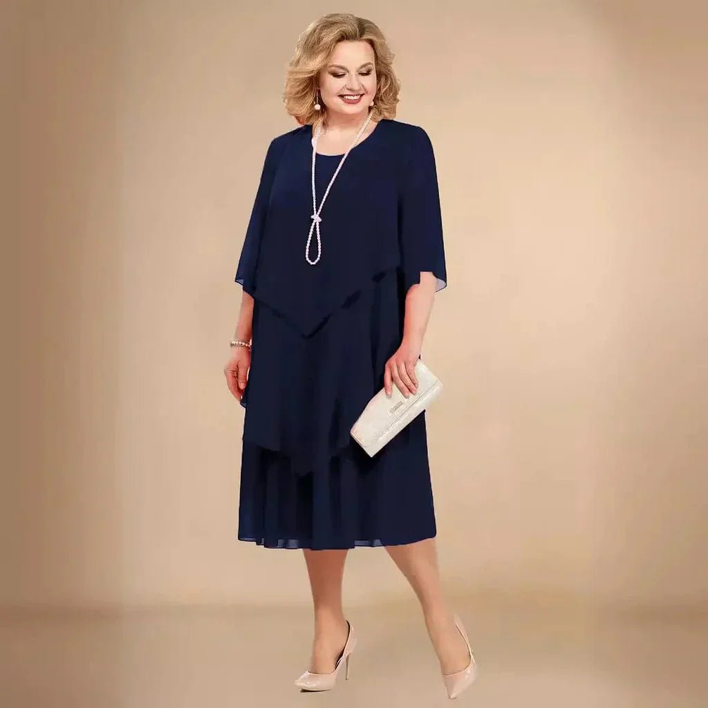 Chiffon Layered Dress Asymmetrical Knee Length Elegant - Navy