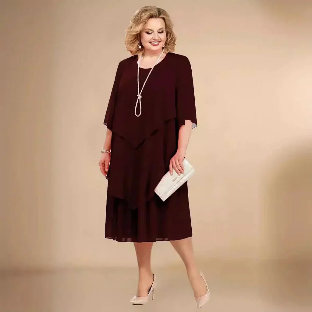 Chiffon Layered Dress Asymmetrical Knee Length Elegant - Dark Red