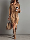 Corduroy Midi Shirt Dress Button Front Long Sleeve - Brown