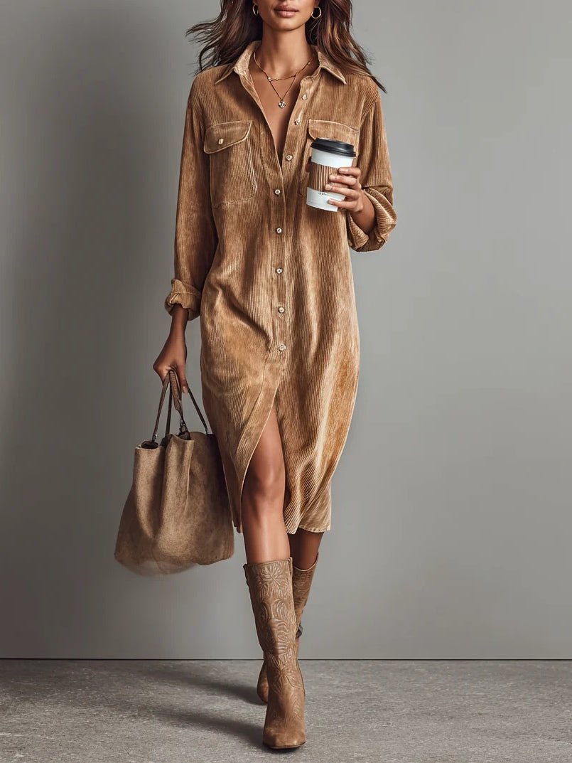 Corduroy Midi Shirt Dress Button Front Long Sleeve - Brown