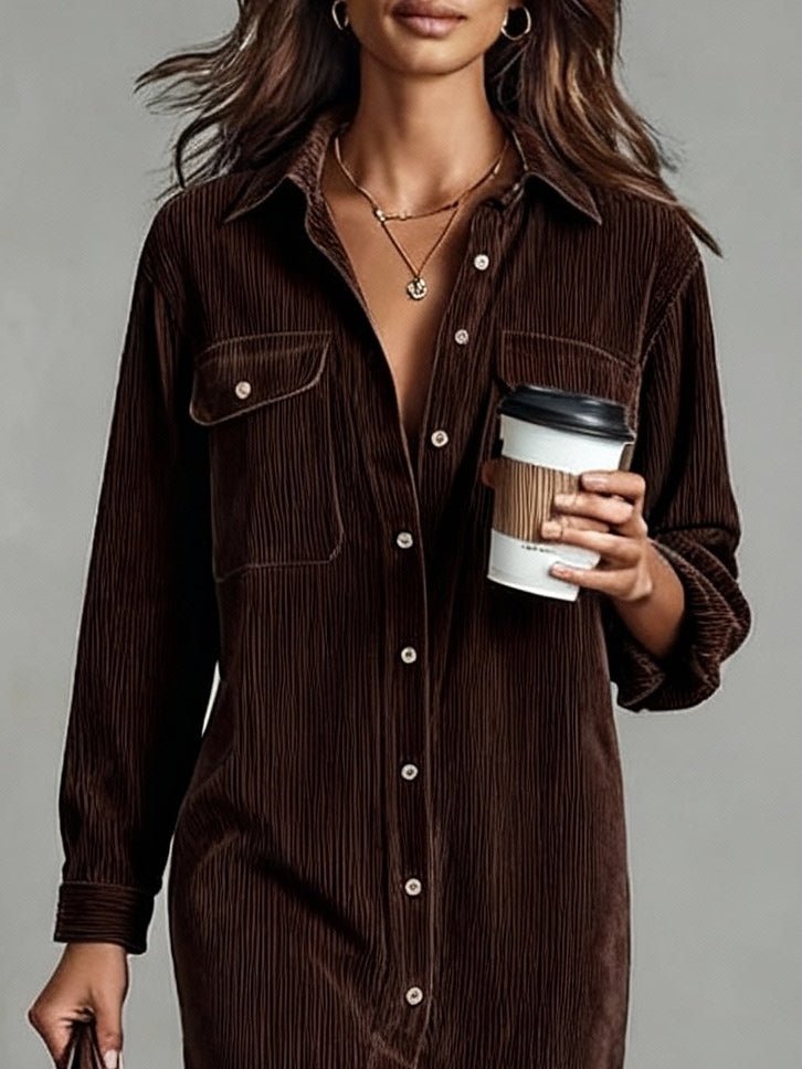 Corduroy Midi Shirt Dress Button Front Long Sleeve