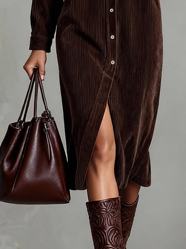 Corduroy Midi Shirt Dress Button Front Long Sleeve