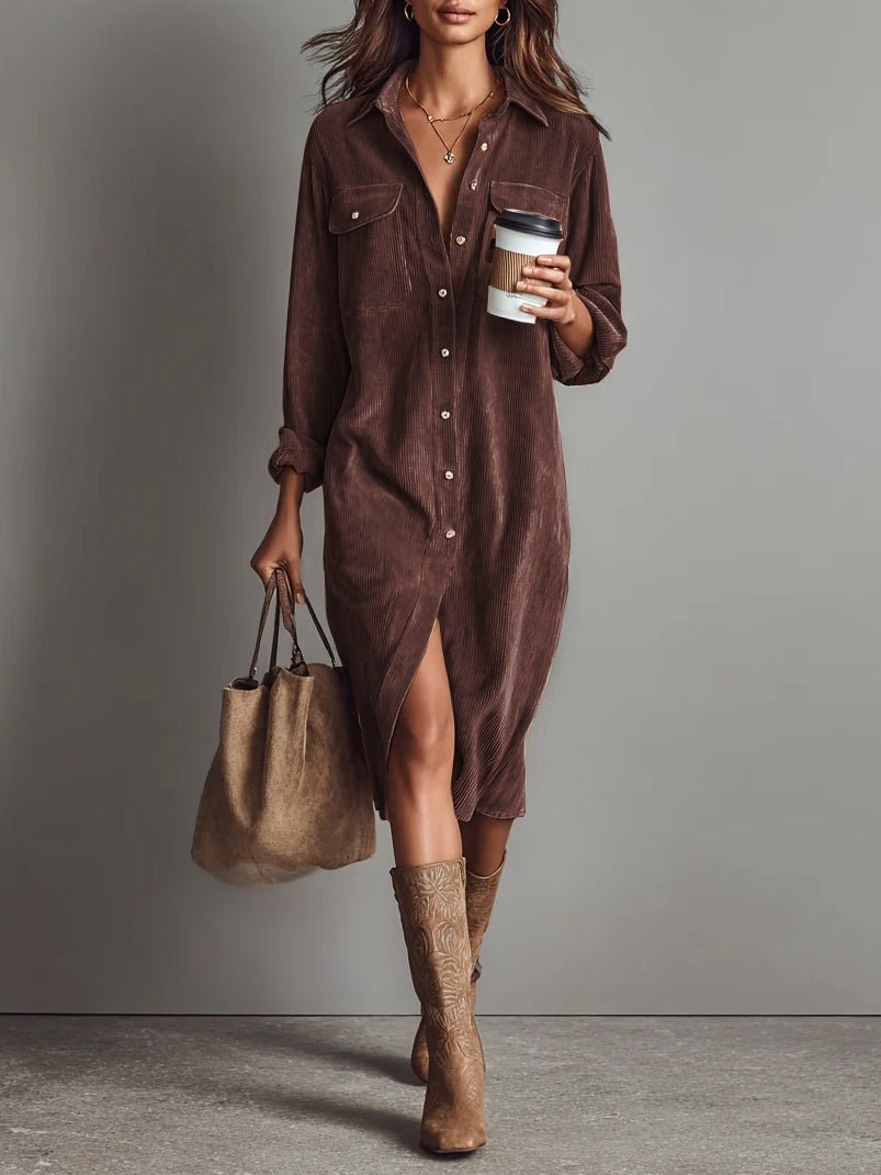 Corduroy Midi Shirt Dress Button Front Long Sleeve - Brown Red