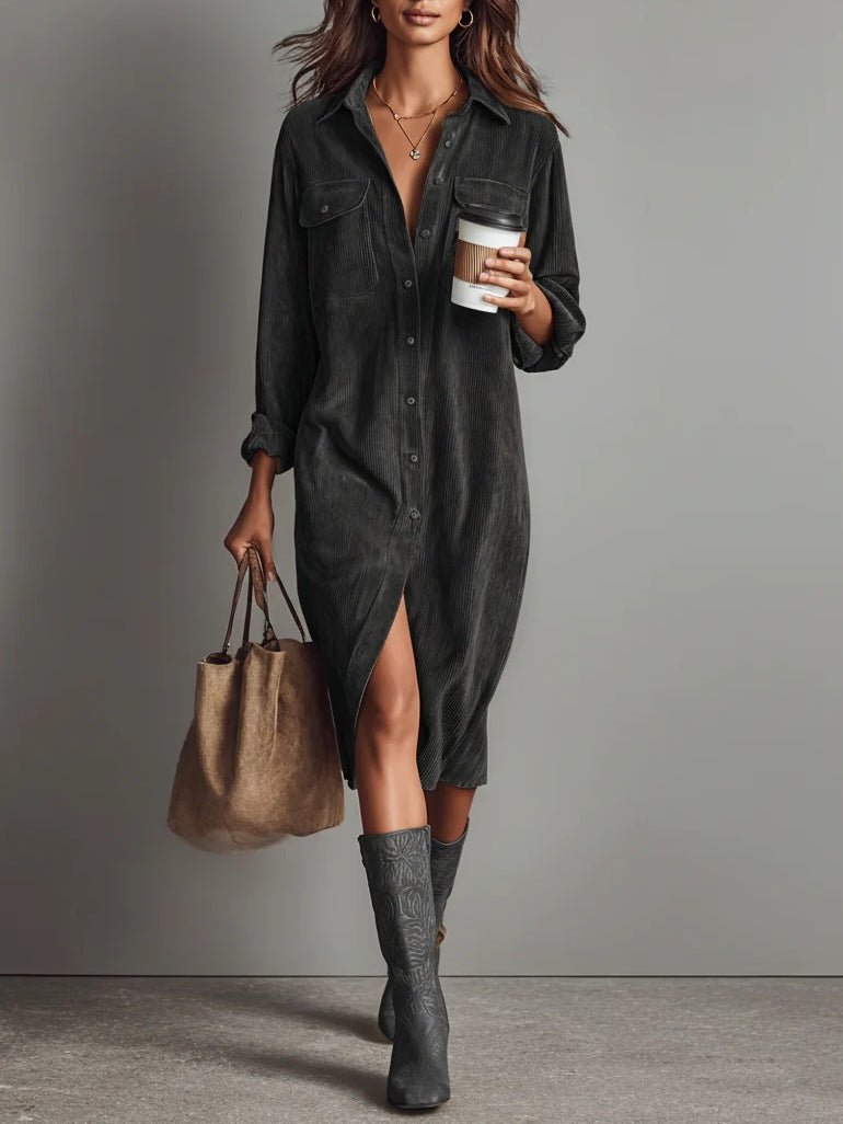 Corduroy Midi Shirt Dress Button Front Long Sleeve - Gray