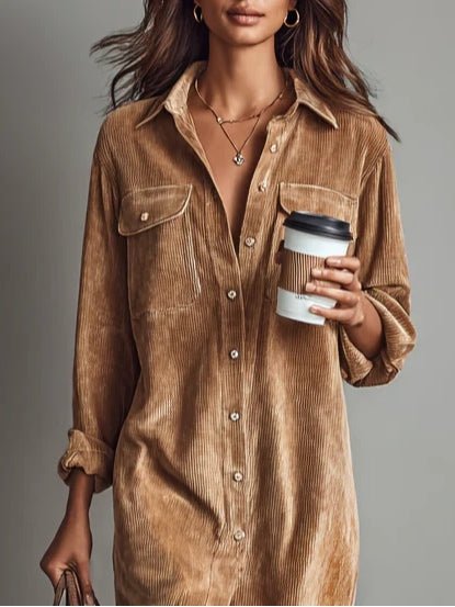 Corduroy Midi Shirt Dress Button Front Long Sleeve