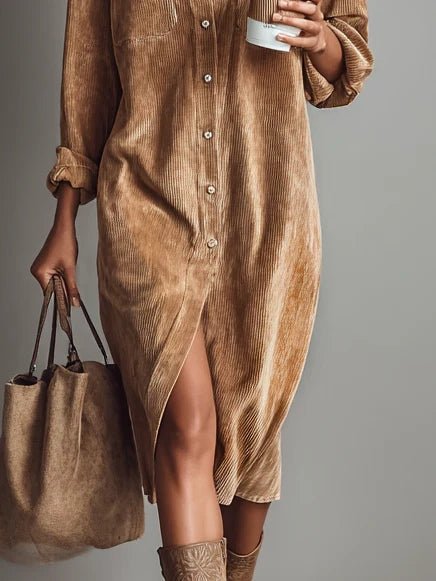Corduroy Midi Shirt Dress Button Front Long Sleeve