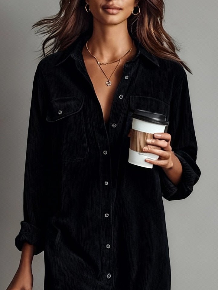 Corduroy Midi Shirt Dress Button Front Long Sleeve