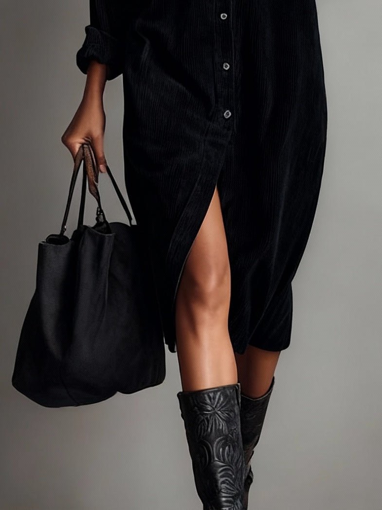 Corduroy Midi Shirt Dress Button Front Long Sleeve