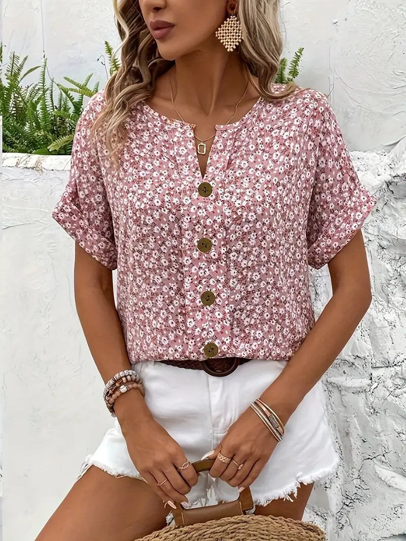 Cotton Ditsy Floral Button Front Blouse Short Sleeve
