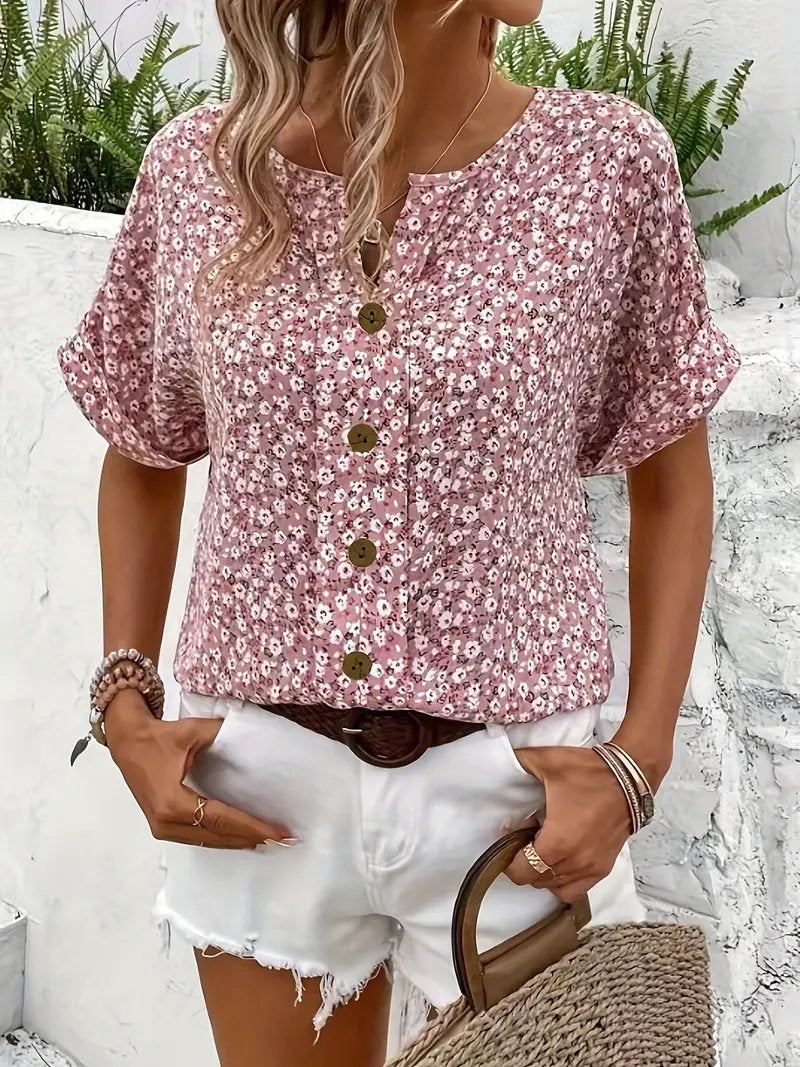 Cotton Ditsy Floral Button Front Blouse Short Sleeve