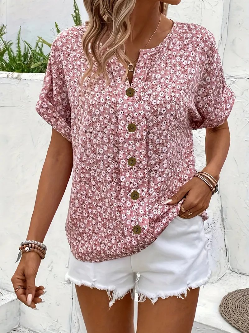 Cotton Ditsy Floral Button Front Blouse Short Sleeve