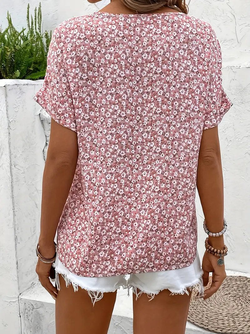Cotton Ditsy Floral Button Front Blouse Short Sleeve