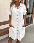 Cotton Gauze Button Down Shirt Dress Short Sleeve Collar - White