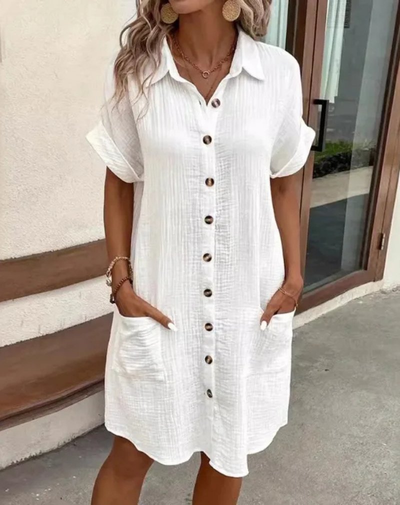 Cotton Gauze Button Down Shirt Dress Short Sleeve Collar - White