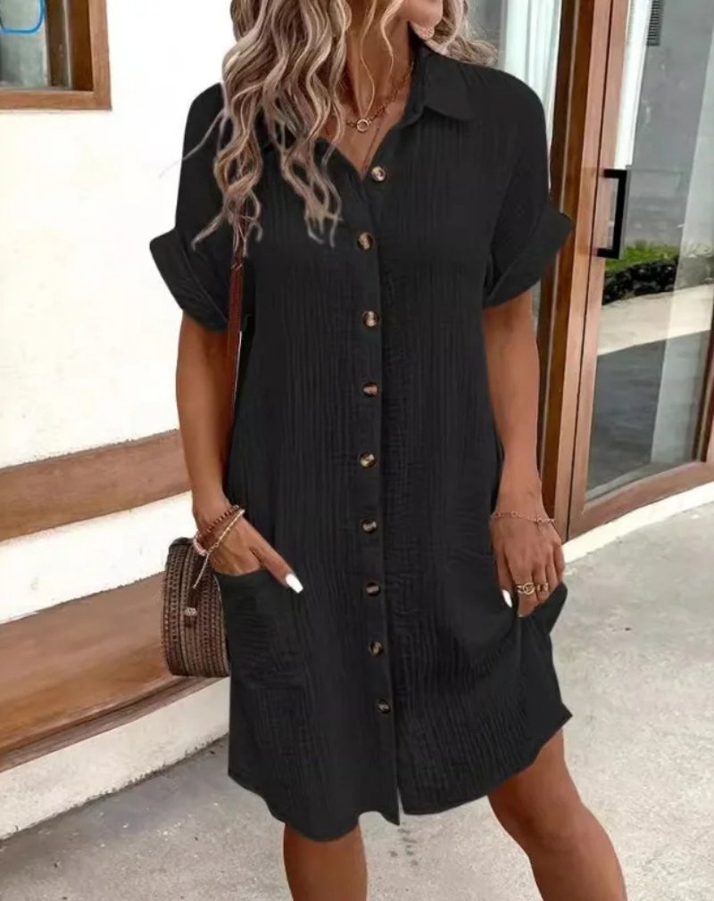 Cotton Gauze Button Down Shirt Dress Short Sleeve Collar - Black