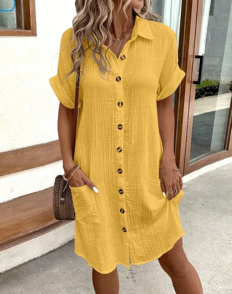 Cotton Gauze Button Down Shirt Dress Short Sleeve Collar - Yellow