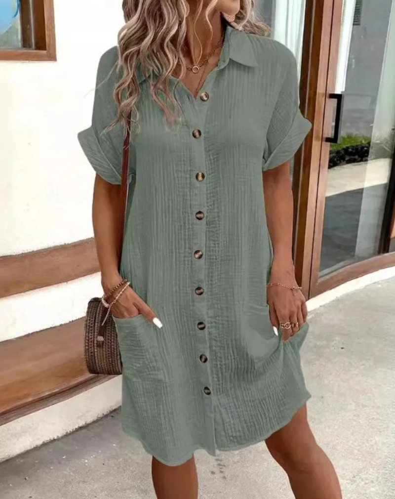 Cotton Gauze Button Down Shirt Dress Short Sleeve Collar - Sage Green