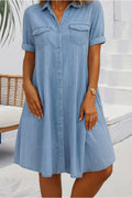 Denim Shirt Dress Button Down Lightweight Short Sleeve - Light blue