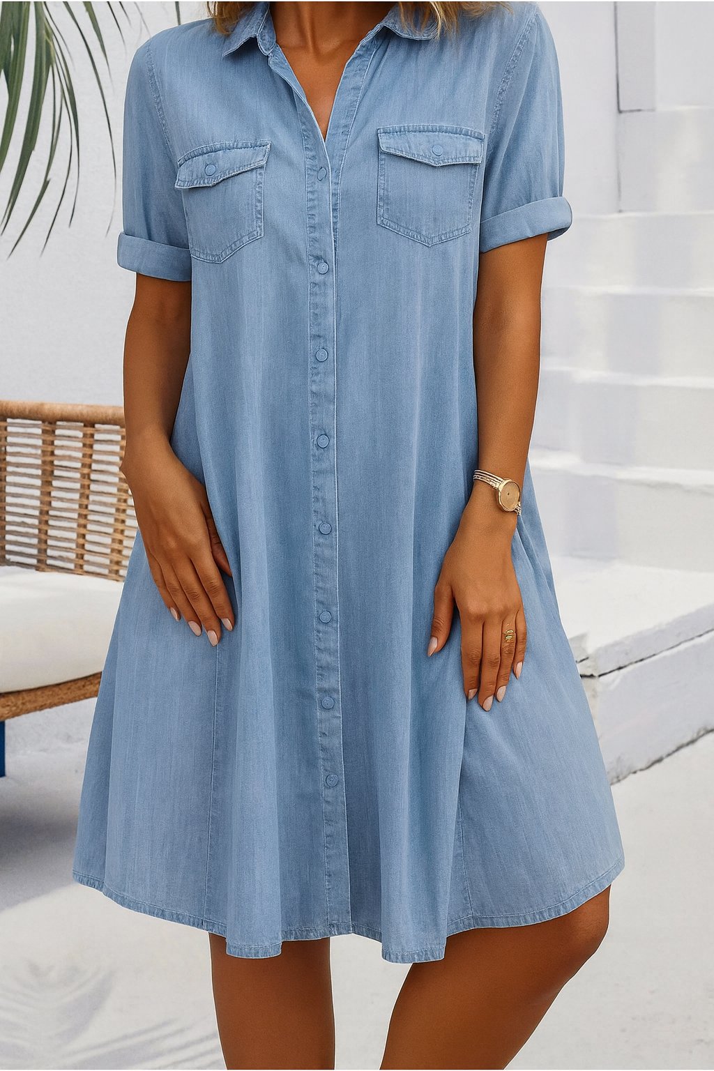 Denim Shirt Dress Button Down Lightweight Short Sleeve - Light blue