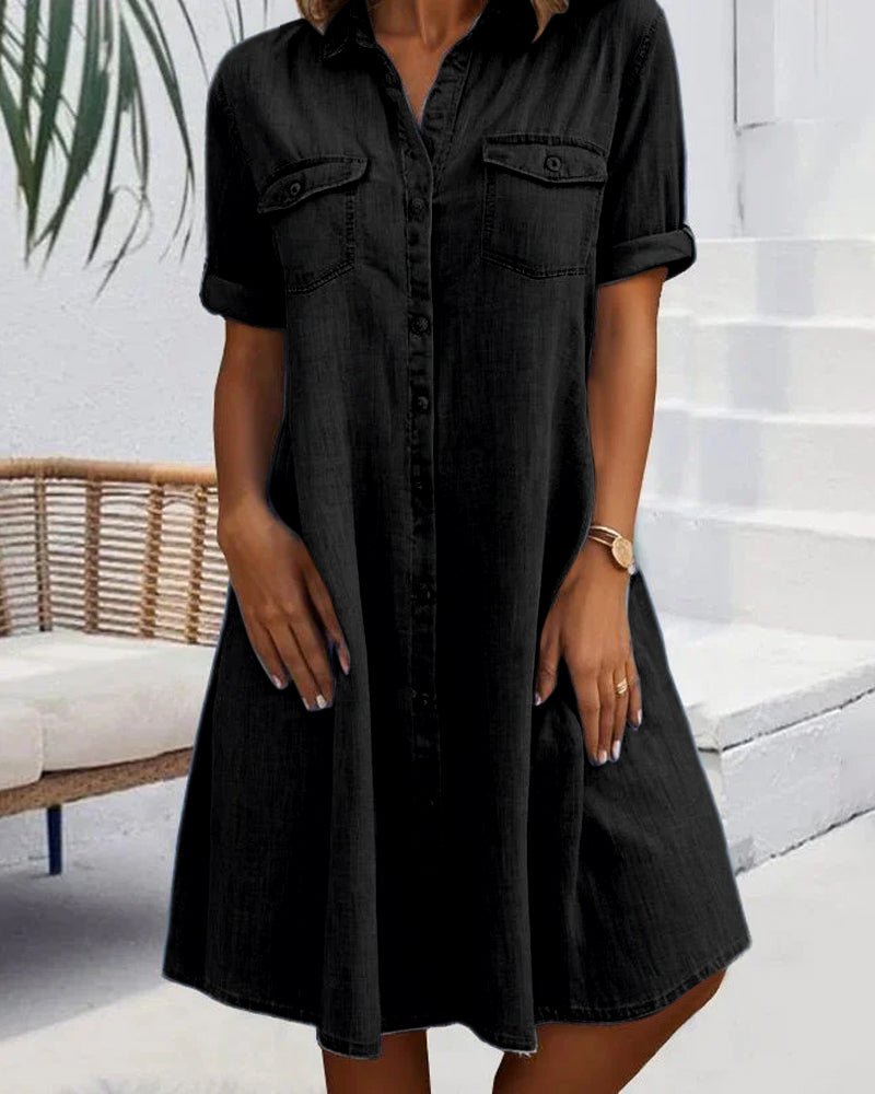 Denim Shirt Dress Button Down Lightweight Short Sleeve - Black