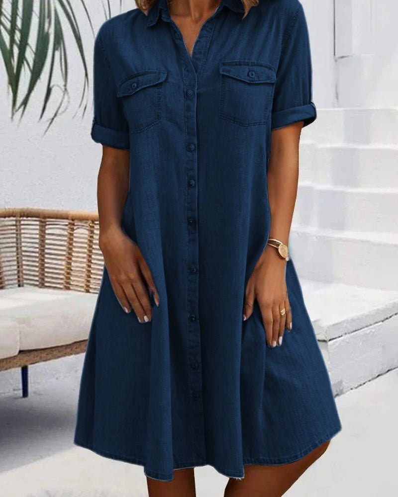 Denim Shirt Dress Button Down Lightweight Short Sleeve - Dark blue