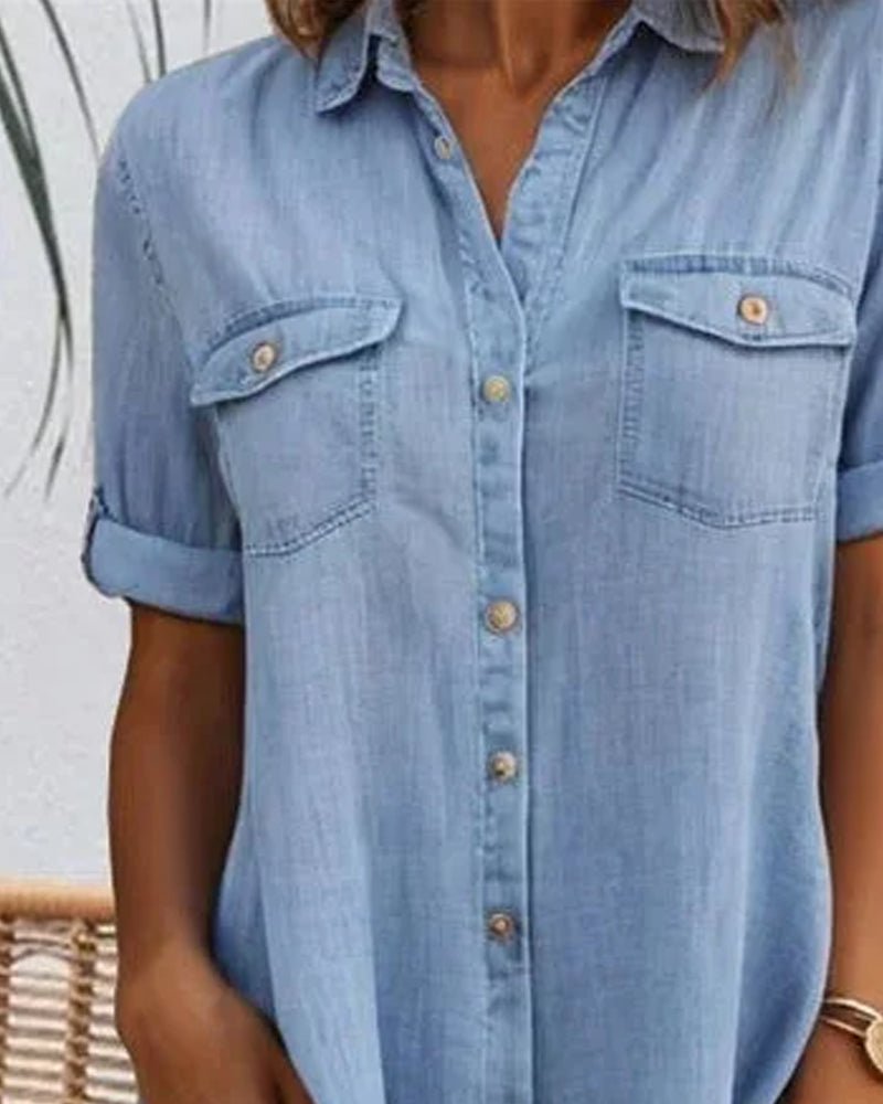Denim Shirt Dress Button Down Lightweight Short Sleeve