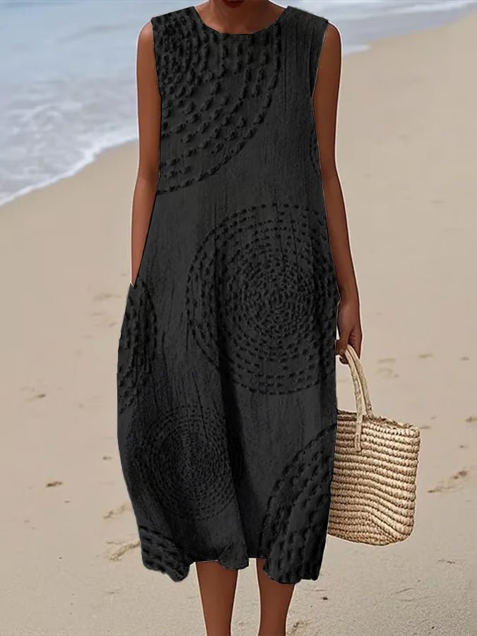 Embroidered Midi Dress Sleeveless A-Line Textured - Elegant Black