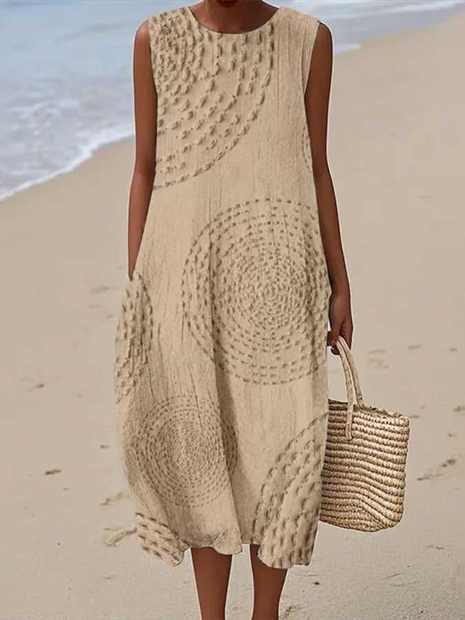 Embroidered Midi Dress Sleeveless A-Line Textured - Light Sand