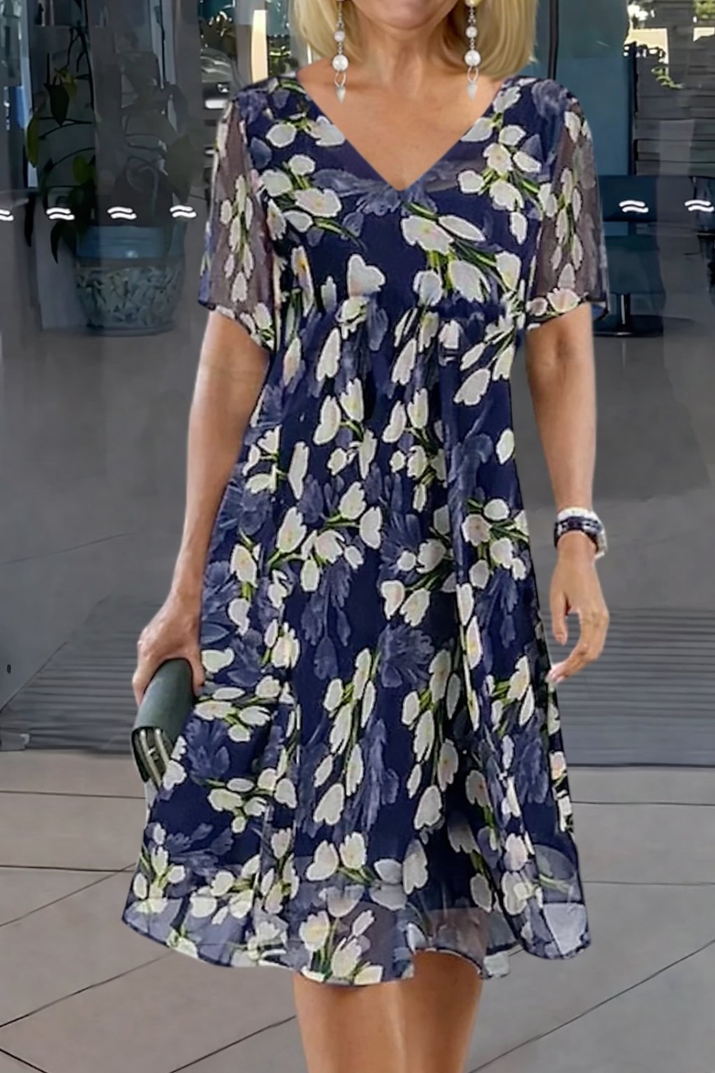 Floral A-Line Midi Dress V-Neck Short Sleeve Chiffon - Navy Blue