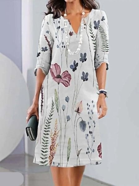 Floral A-Line Midi Dress V-Neck Short Sleeve Chiffon - Off-white