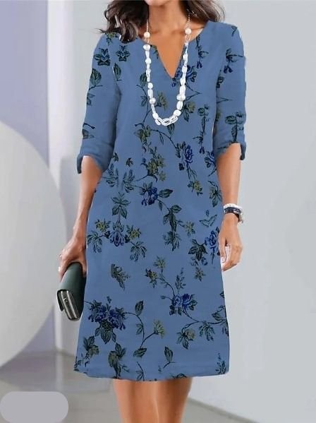 Floral A-Line Midi Dress V-Neck Short Sleeve Chiffon - Blue