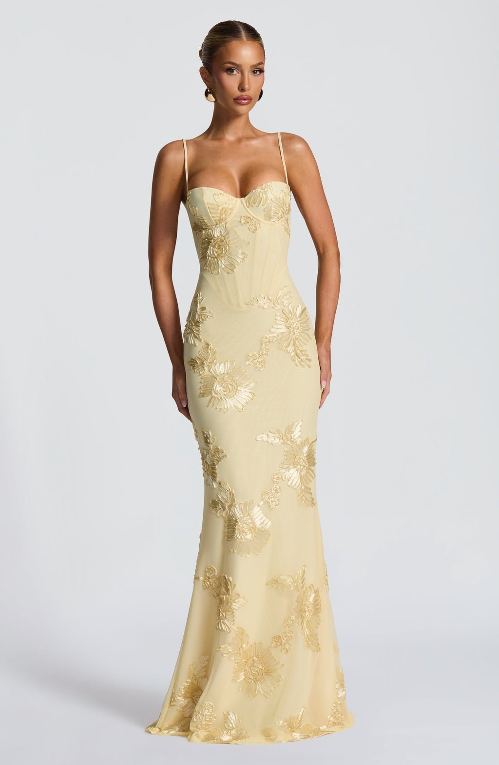 Floral Spaghetti Strap Maxi Dress Corset Bodice Wedding Guest - Yellow