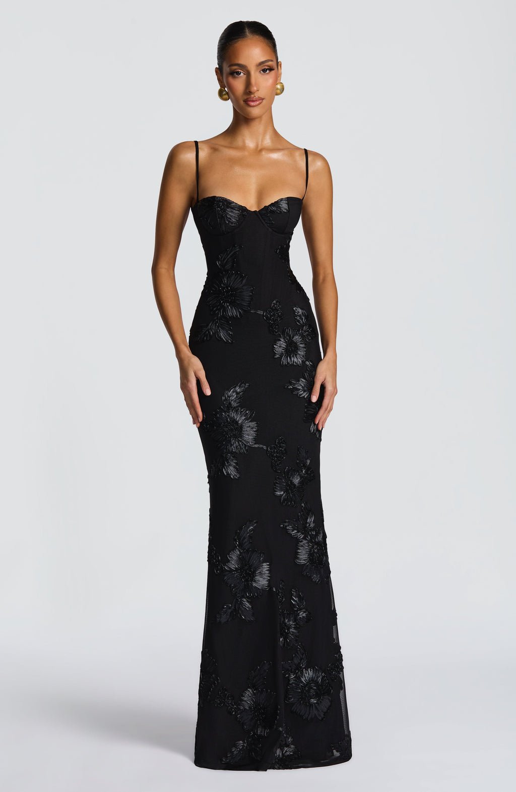 Floral Spaghetti Strap Maxi Dress Corset Bodice Wedding Guest - Black