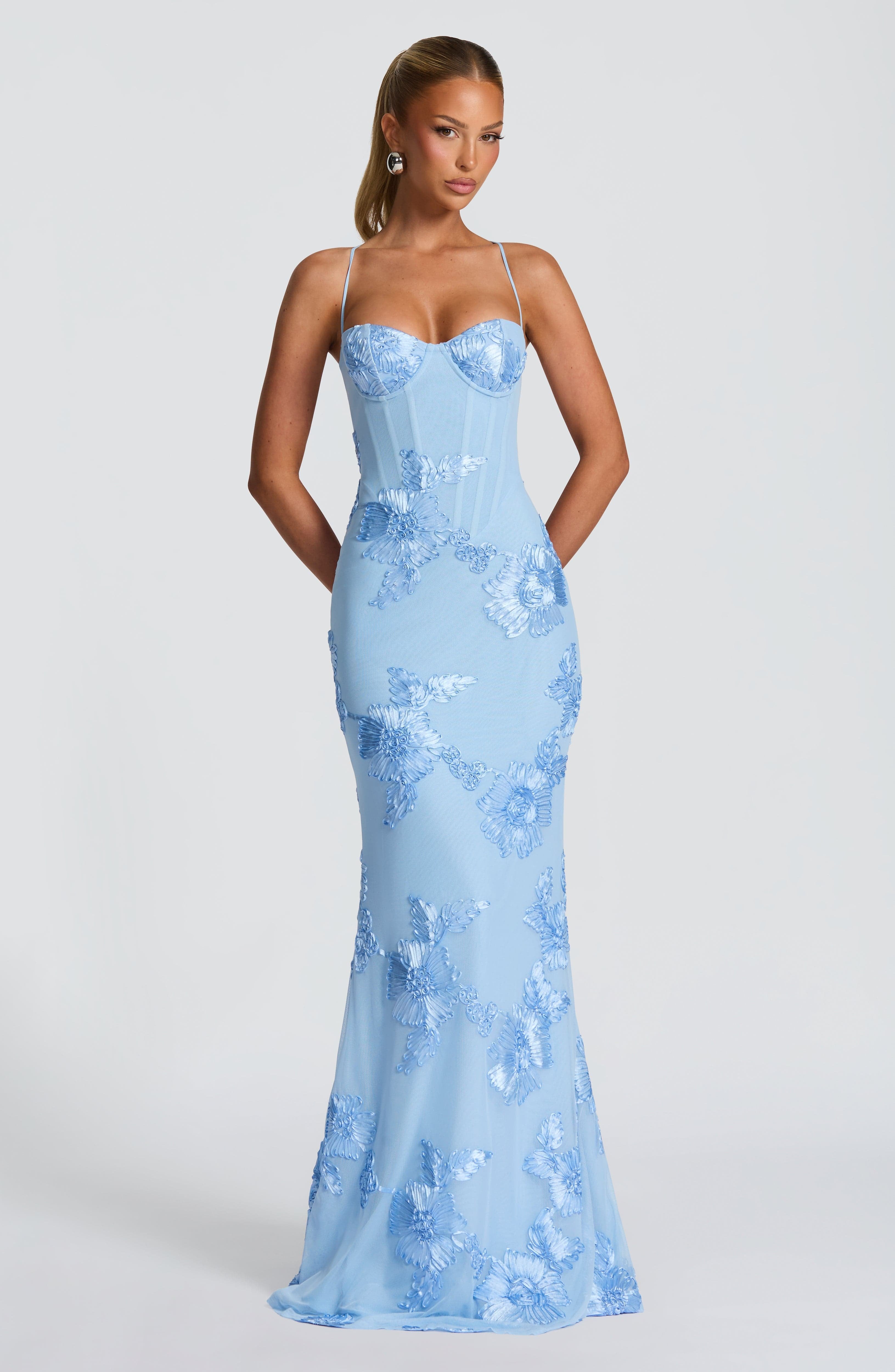Floral Spaghetti Strap Maxi Dress Corset Bodice Wedding Guest - Light Blue