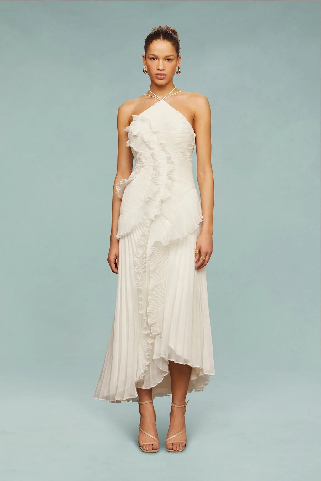Halter Maxi Dress Ruffle Tiered Wedding Guest Formal - White