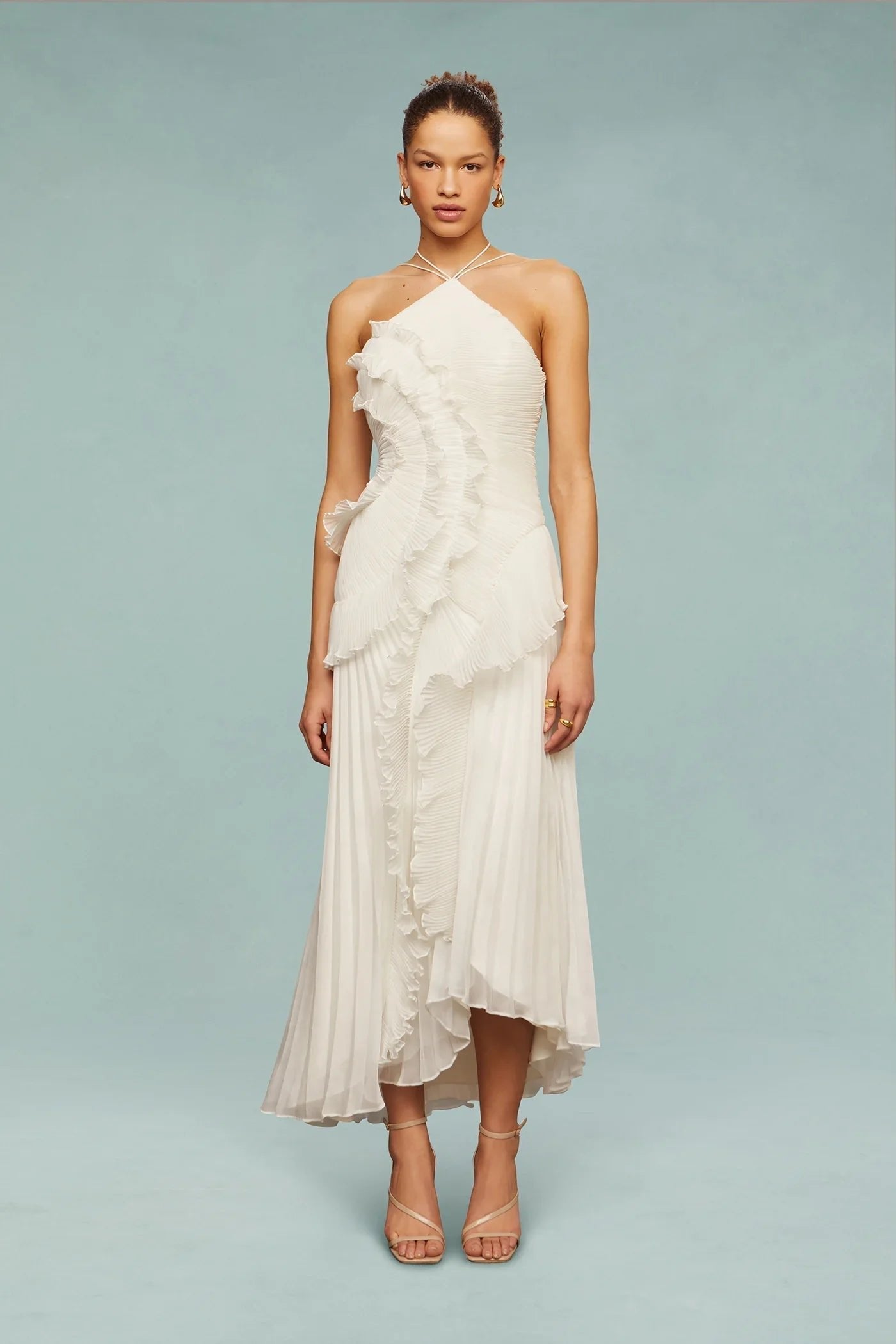 Halter Maxi Dress Ruffle Tiered Wedding Guest Formal - White