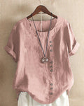 Linen Button Front Top Short Sleeve Crew Neck Casual - Pink