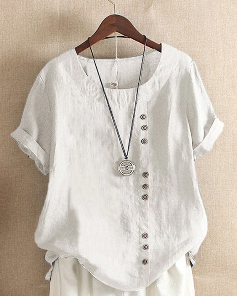 Linen Button Front Top Short Sleeve Crew Neck Casual - White
