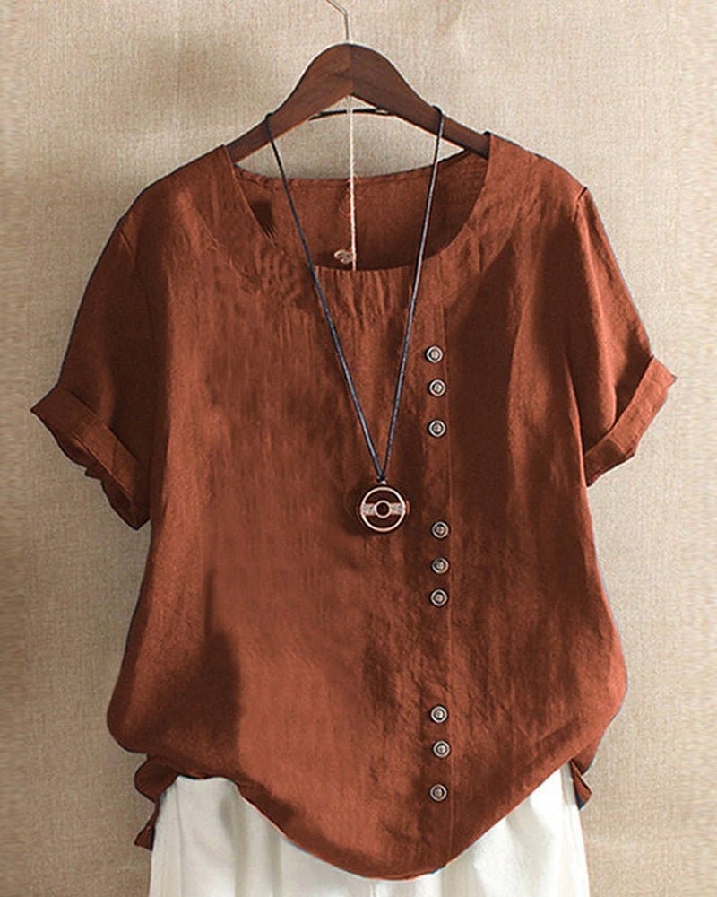 Linen Button Front Top Short Sleeve Crew Neck Casual - Brown
