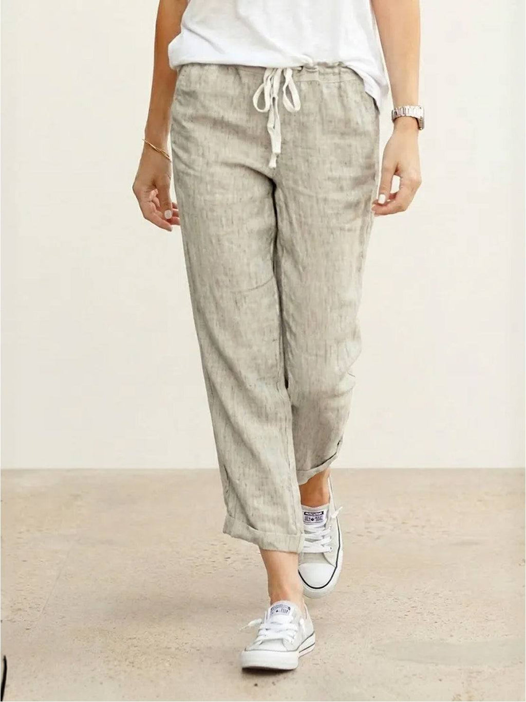 Linen Drawstring Pants Women's Straight Leg Casual - Apricot