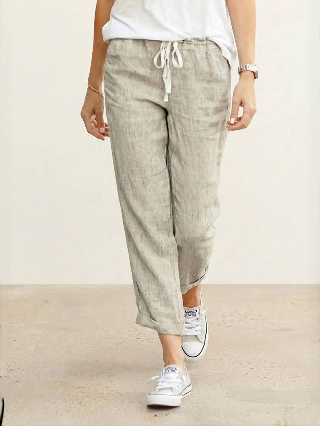 Linen Drawstring Pants Women's Straight Leg Casual - Apricot
