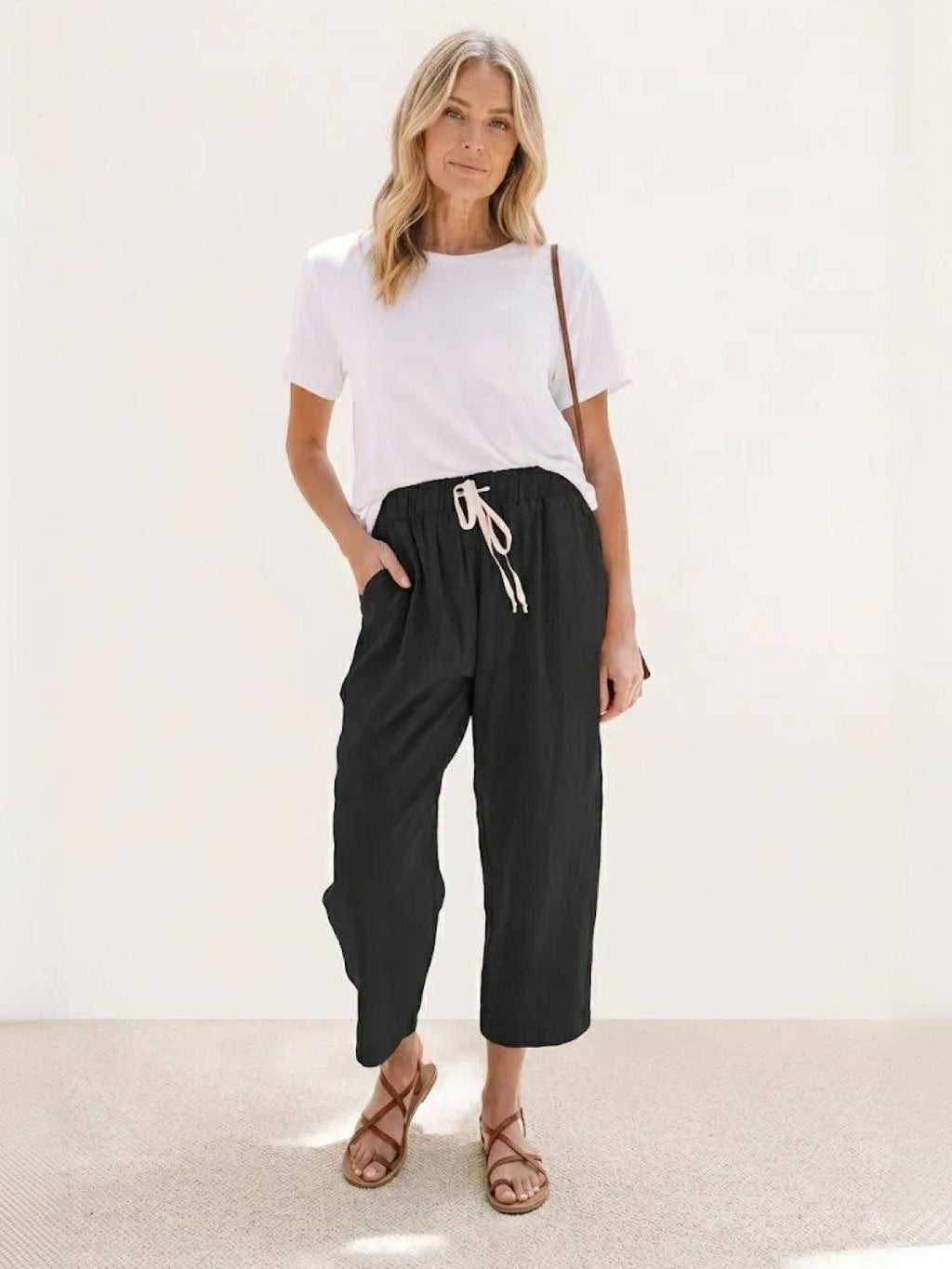 Linen Drawstring Pants Women's Straight Leg Casual