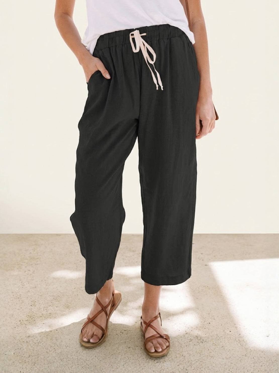 Linen Drawstring Pants Women's Straight Leg Casual - Black